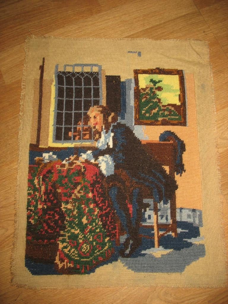 Geborduurd * Brief Schrijvende Man aan Tafel * Vintage, Ophalen of Verzenden, Handborduren, Overige typen