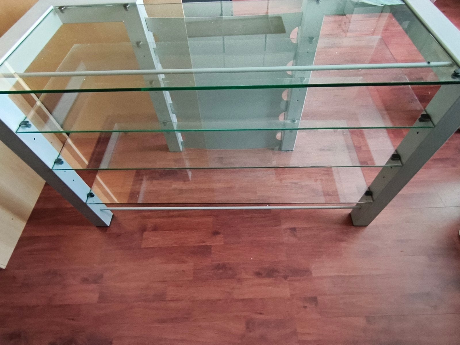 Glazen TV-meubel / audiomeubel met metalen frame, Huis en Inrichting, Kasten | Televisiemeubels, Gebruikt, 100 tot 150 cm, 25 tot 50 cm