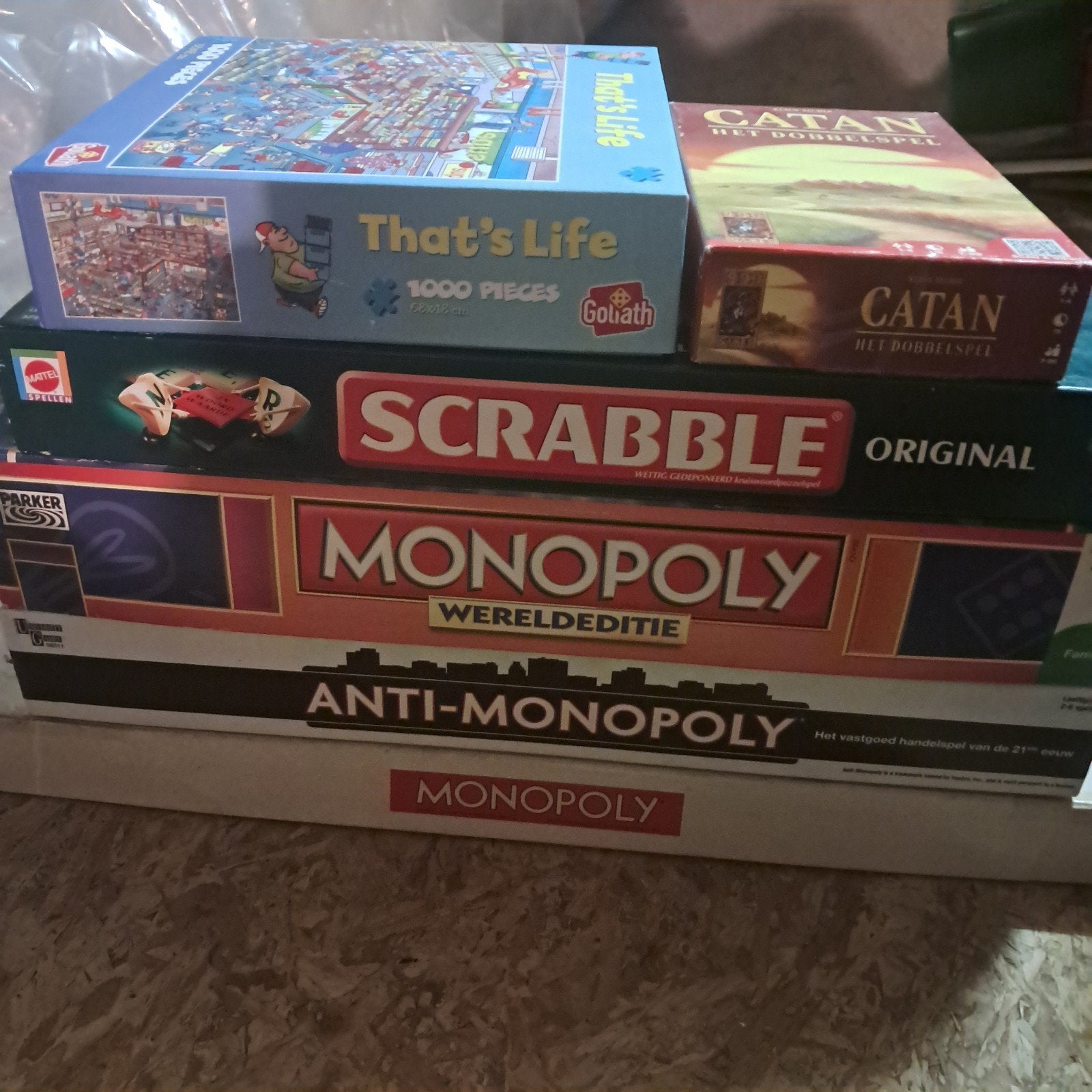 Bordspellenpakket: Monopoly, Scrabble, Catan, That's Life, Een of twee spelers, Ophalen of Verzenden, Gebruikt, Hasbro, Goliath, 999 Games