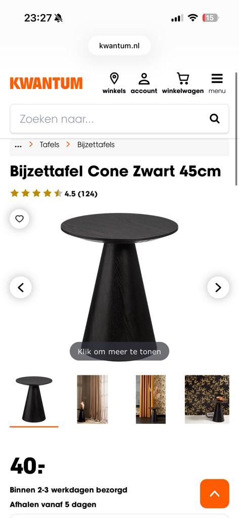 2x Kwantum Bijzettafel Cone Zwart - Nieuw in doos, Ophalen of Verzenden, Zo goed als nieuw