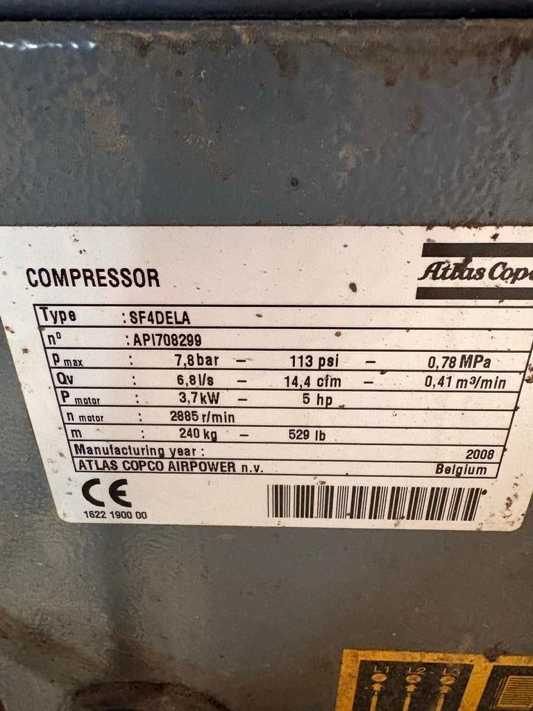 Atlas Copco SF4DELA Compressor met SMC Luchtkoeler, Doe-het-zelf en Verbouw, Compressors, Ophalen, Gebruikt, 6 tot 10 bar, 400 tot 800 liter/min