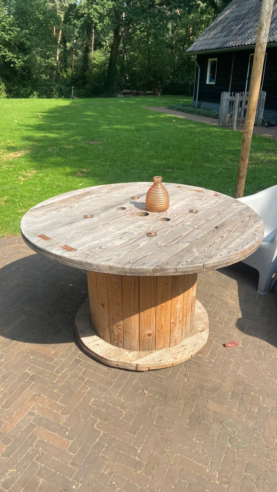 Houten kabelhaspel tafel - uniek en robuust, Tuin en Terras, Ophalen, Gebruikt, Rond, Hout