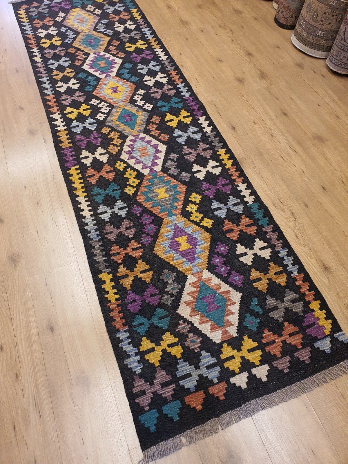Handgeweven oosterse wollen kelim loper 287x80, Info@SlatsAntiek.nl, Vof Slats Antiek, Kelim, Blauw