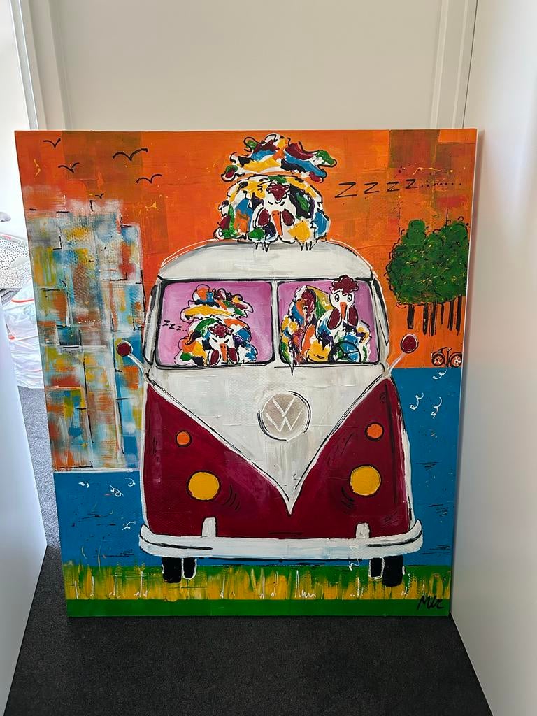 Schilderij van Mirthe Kolkman - Volkswagen bus met kippen, Antiek en Kunst, Kunst | Schilderijen | Modern, Ophalen
