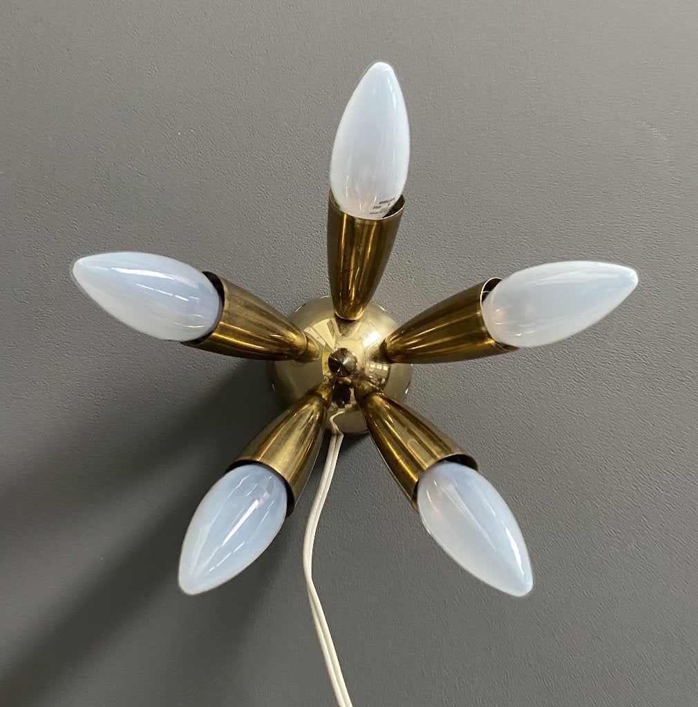 50 jaren Space Age Sputnik WAND plafon LAMP messing 5 lampen, Gebruikt, E14 (klein), Ophalen of Verzenden, Goud