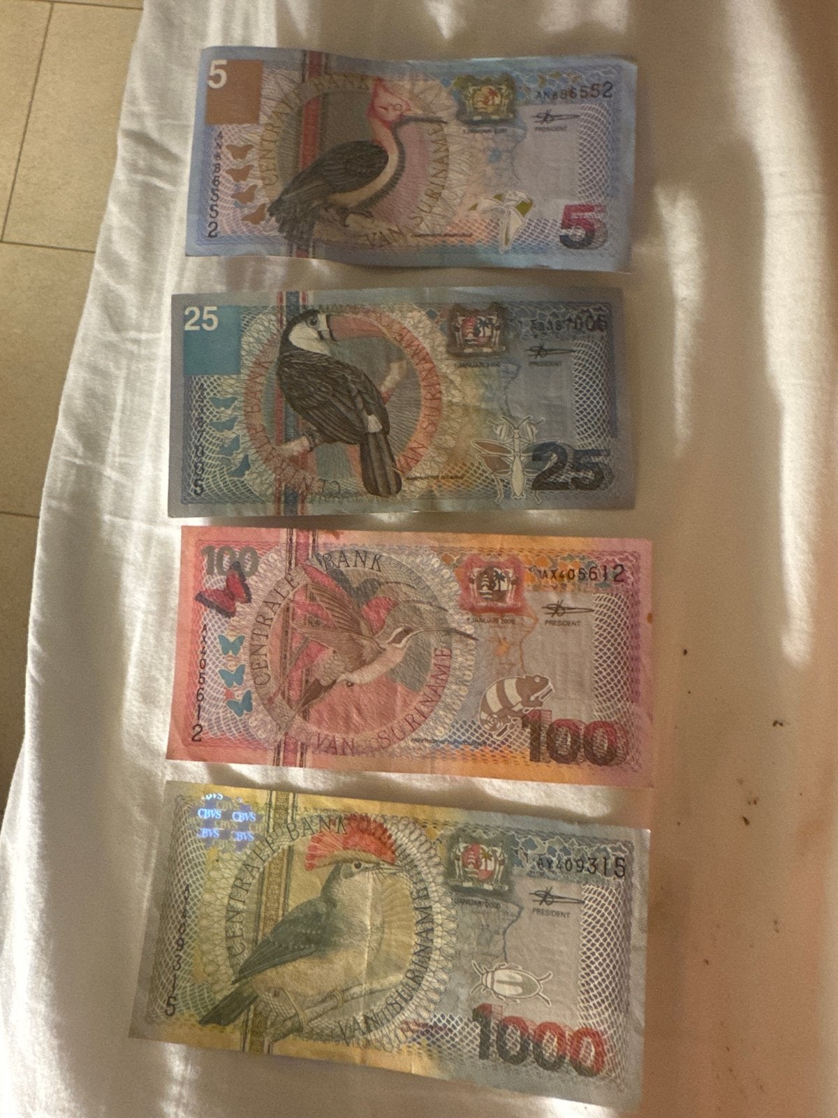 Set van 4 Surinaamse gulden bankbiljetten (vogels en bloemen, Ophalen of Verzenden, Setje