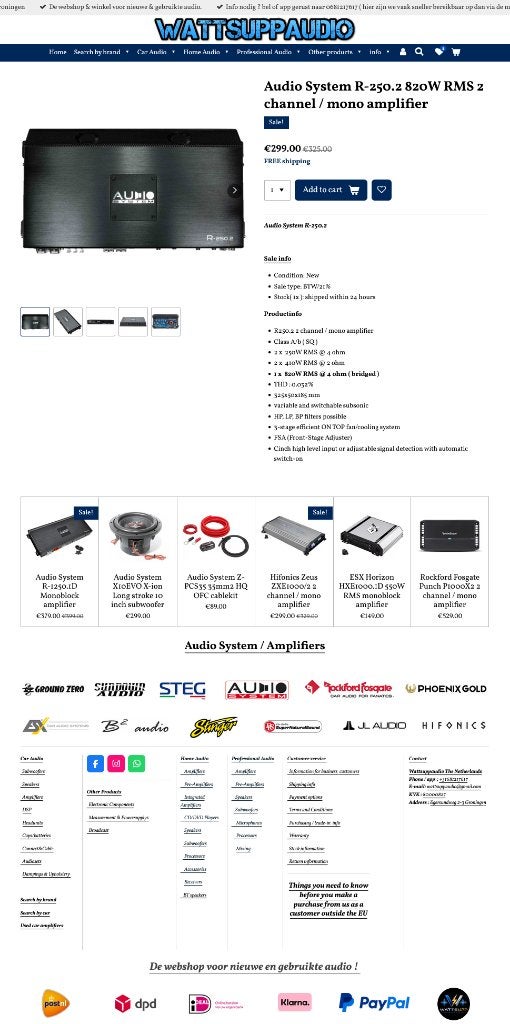Audio System R-250.2 820W RMS 2 kanaals / mono versterker, Info@optimount.nl, Nieuw, Ophalen of Verzenden, Anholtseweg 48A 7091 HB DINXPERLO