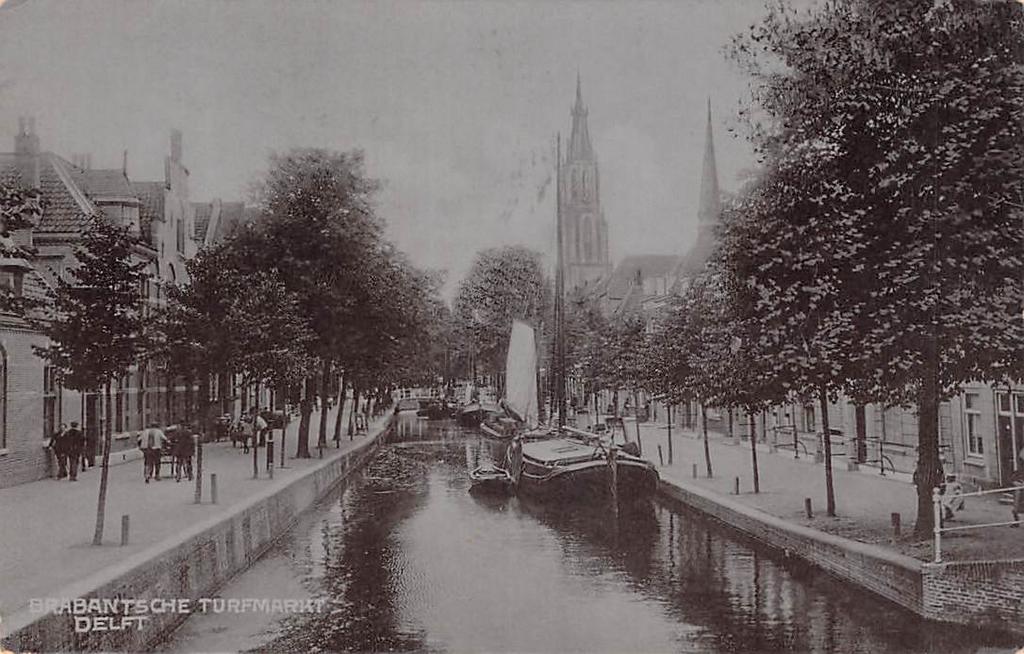 Delft Brabantsche Turfmarkt (1908) Binnenvaart, Verzamelen, Ansichtkaarten | Nederland, Ophalen of Verzenden, Voor 1920, Gelopen