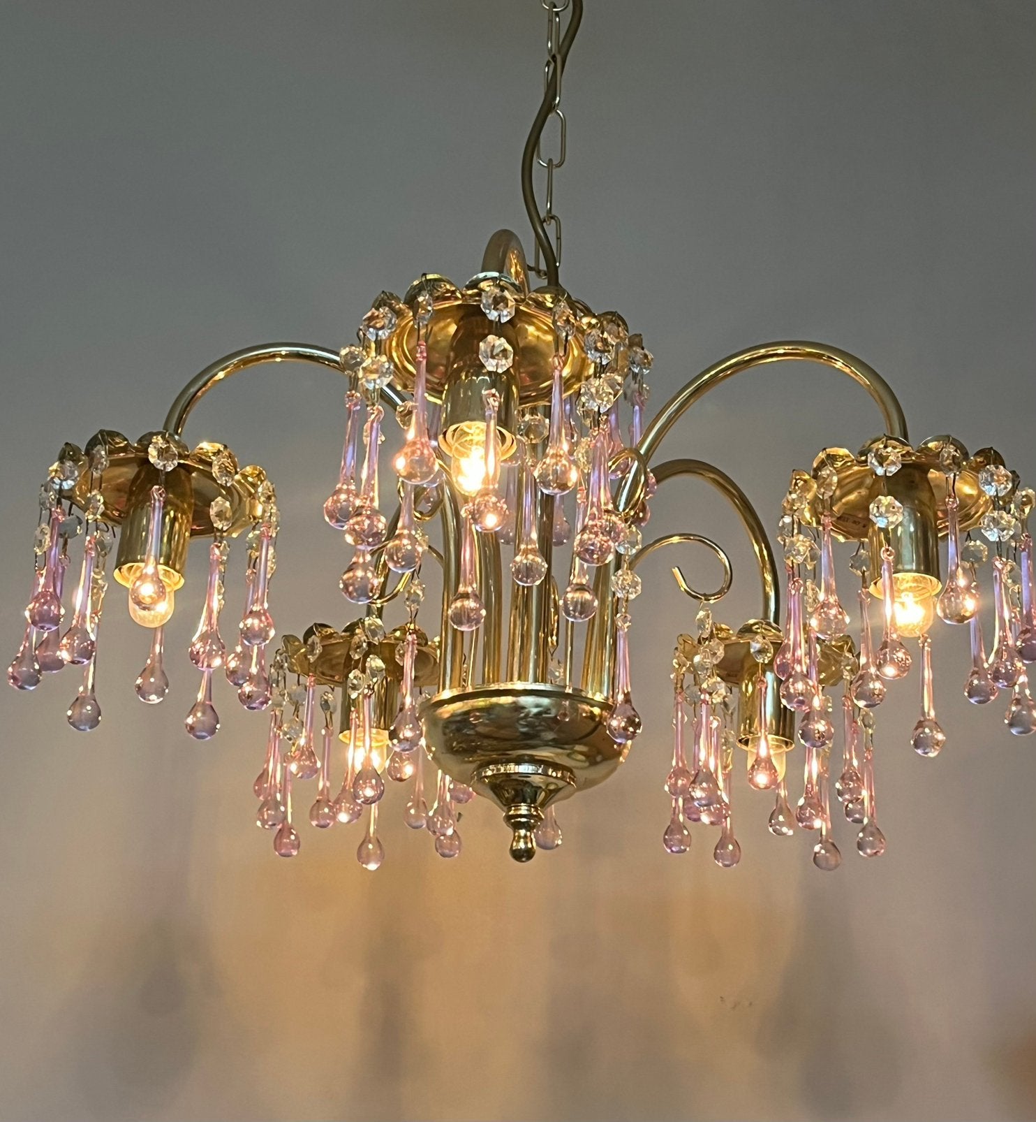 Xl vintage roze murano teardrop kroonluchter hanglamp, Huis en Inrichting, Lampen | Kroonluchters, Vintage, Vintage, Vintage, Ophalen of Verzenden