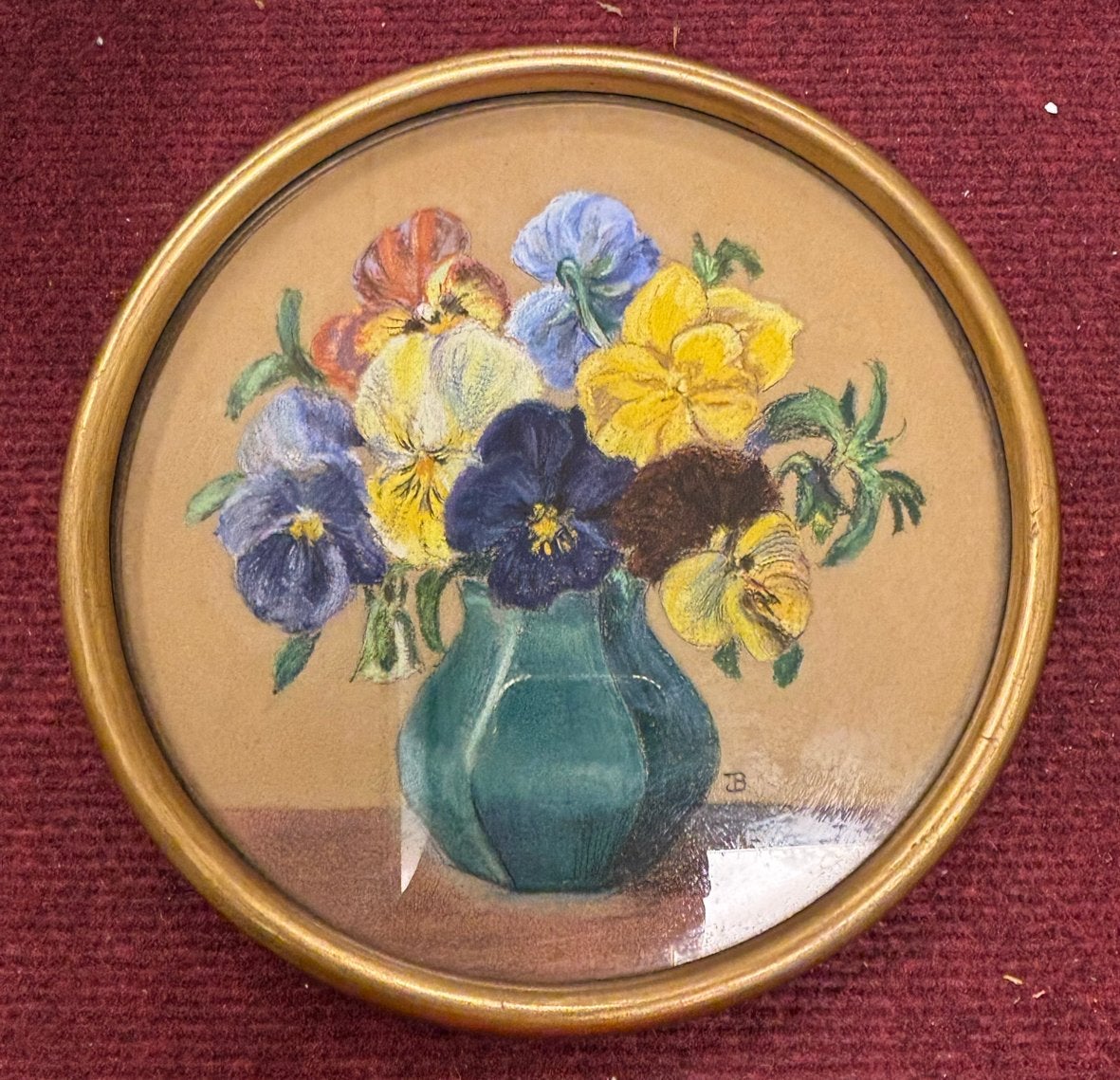 Vintage Schilderij: Bloemen in Vaas, 21 cm doorsnee, Bloemen, Ophalen of Verzenden, Klassiek, Ingelijst