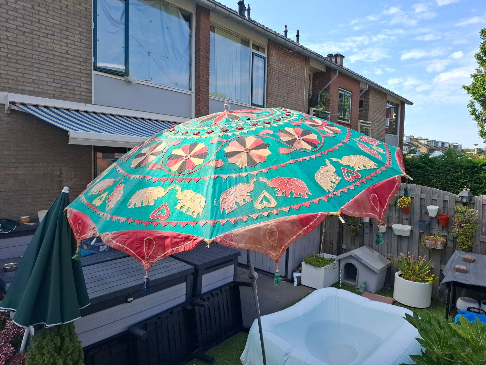 vintage parasol oude indiase model, Tuin en Terras, Parasols, Ophalen, Gebruikt, Stokparasol