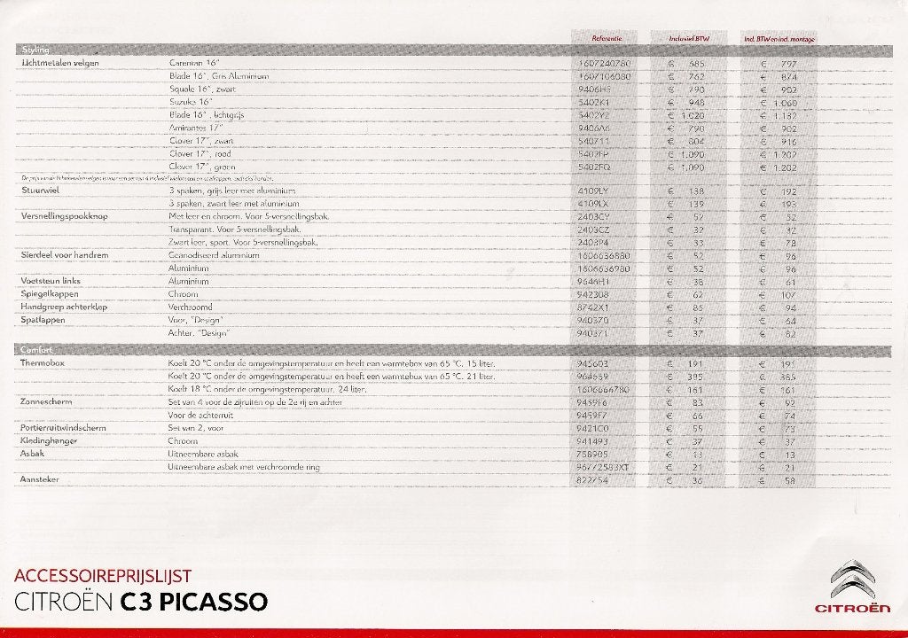 Accessoires prijslijst Citroën C3 Picasso, oktober 2012, Ophalen of Verzenden, Nieuw, Citroën