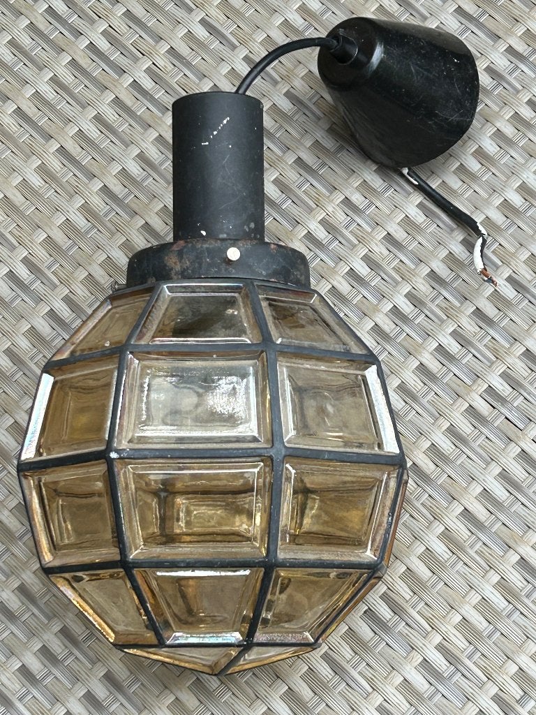 Erg mooie brocante glas in lood hanglamp, Huis en Inrichting, Ophalen, Gebruikt, Glas, E27 (groot)