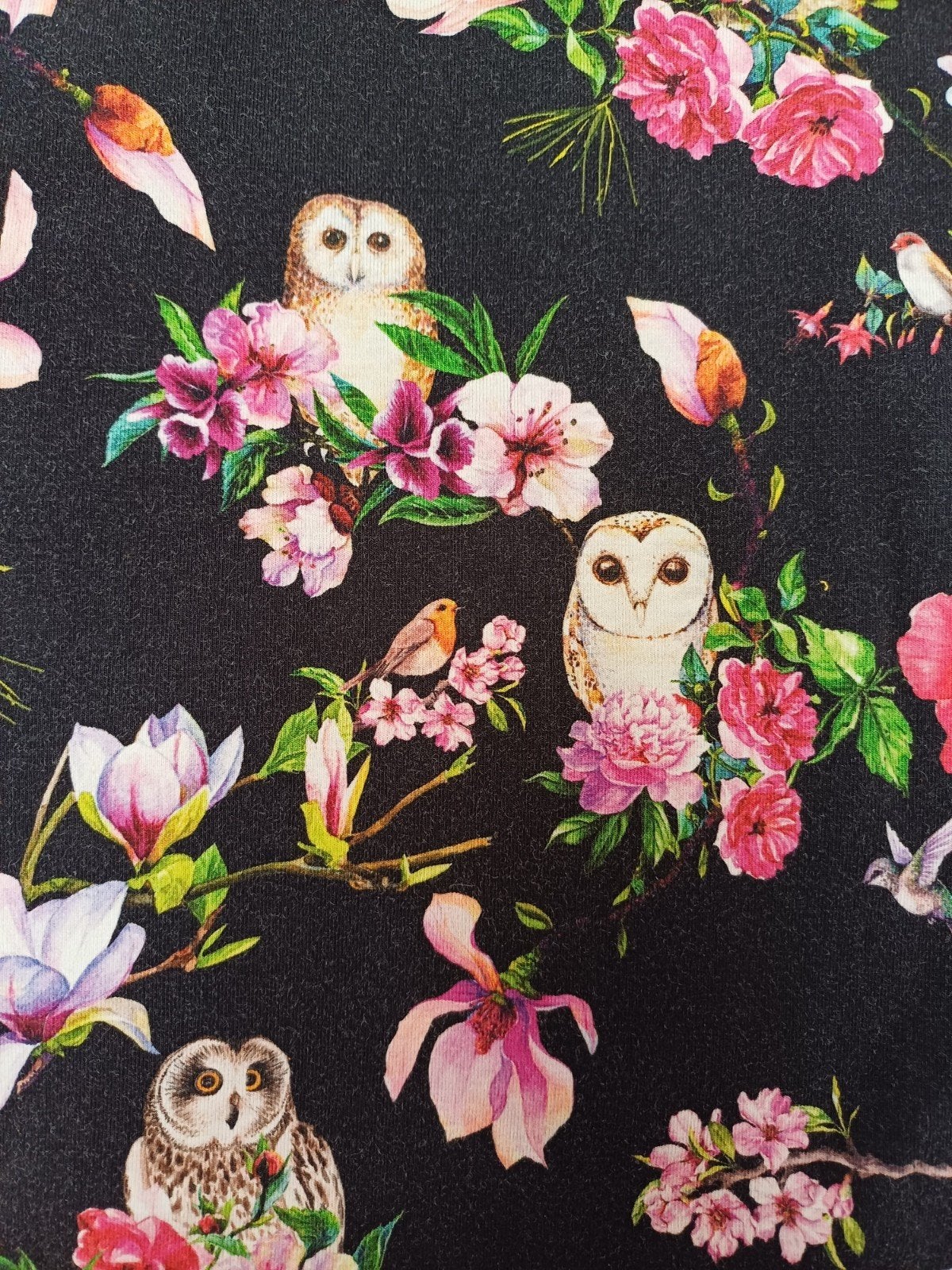 Lap tricot stof stretch nieuw uiltjes bloemen, 120 cm of meer, Nieuw, Ophalen of Verzenden, Katoen