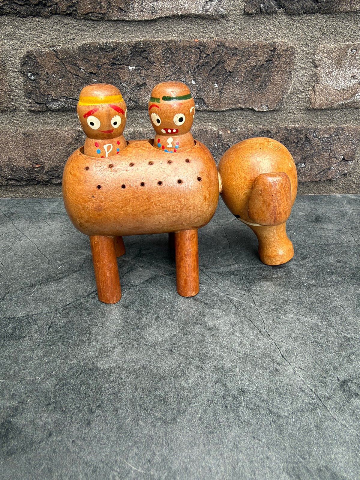 Vintage Houten Olifant-Peper & Zoutstel+Prikkerhouder(50/60), Antiek en Kunst, Ophalen of Verzenden