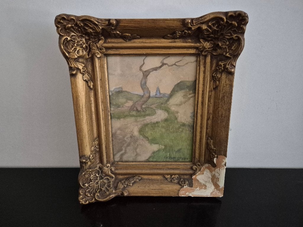 Landschap met kerkje en boom van Charles Dankmeijer, Ophalen, Paneel, Achter glas, Landschap