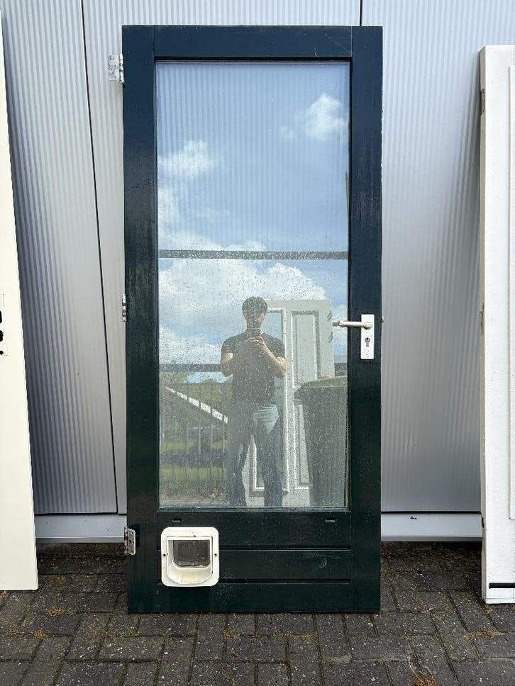 Buitendeur antraciet, glas + kattenluik | 92,5x211,5 cm, Doe-het-zelf en Verbouw, Ophalen, Gebruikt, 80 tot 100 cm, 200 tot 215 cm