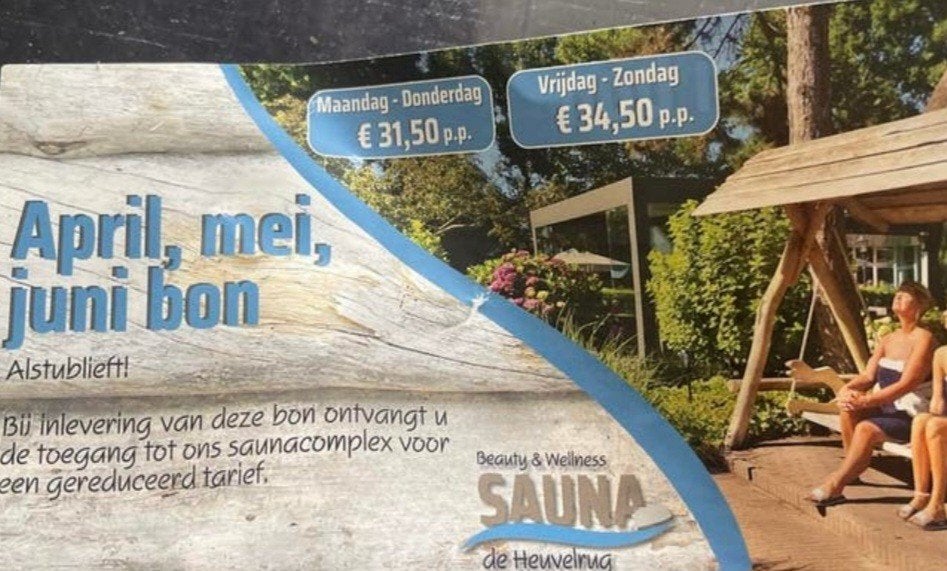Kortingsbon sauna Heuvelrug, Eén persoon, Kortingsbon, Spa of Sauna