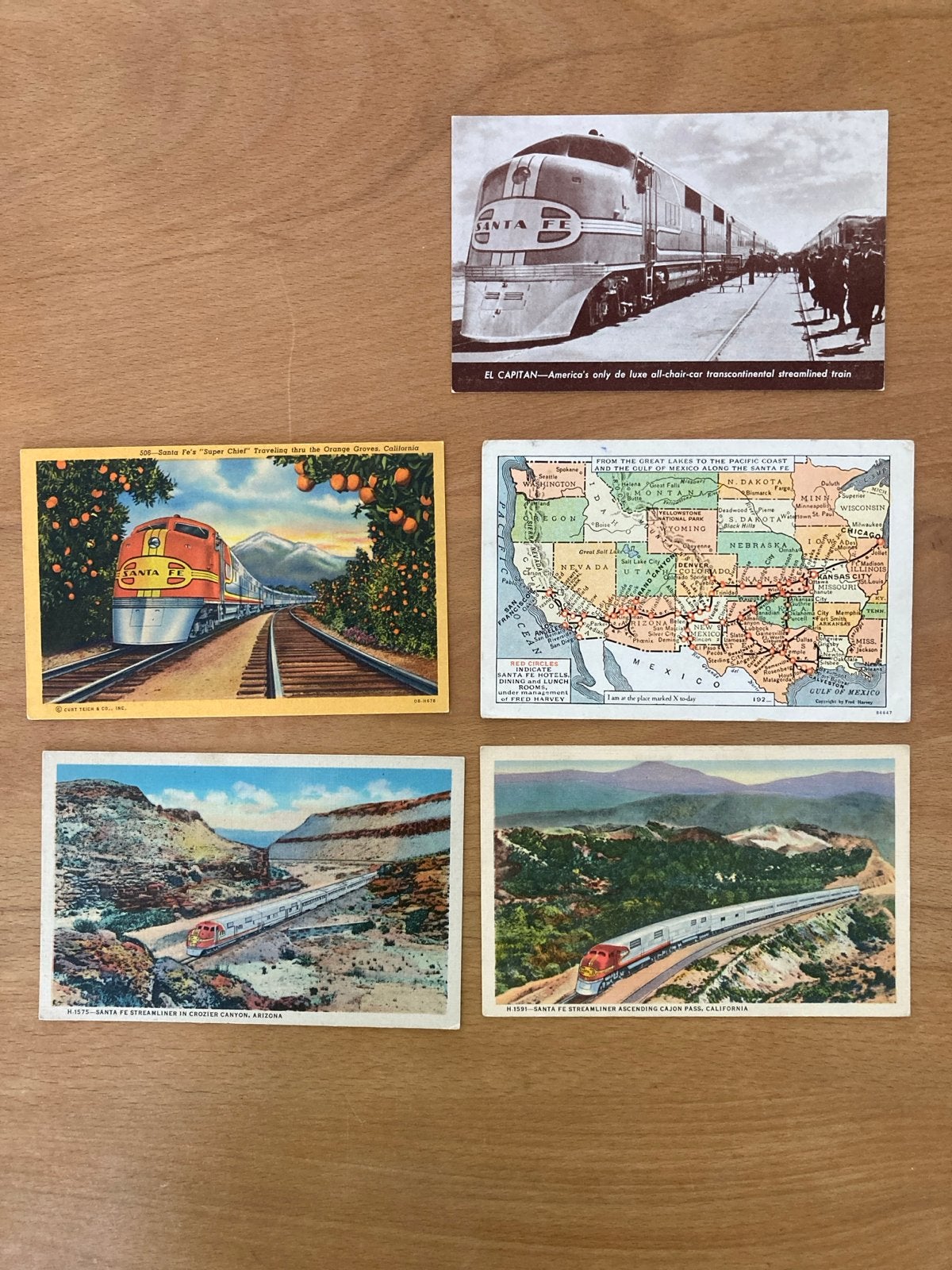 5 Vintage Santa Fe Trein Ansichtkaarten - USA Spoorwegen, Ophalen of Verzenden, 1940 tot 1960, Gelopen, Voertuig