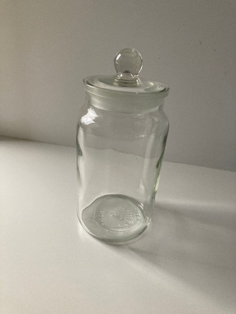 oude glazen voorraadpot deksel met knop, Glas, Ophalen of Verzenden, Zo goed als nieuw, Voorraadpot
