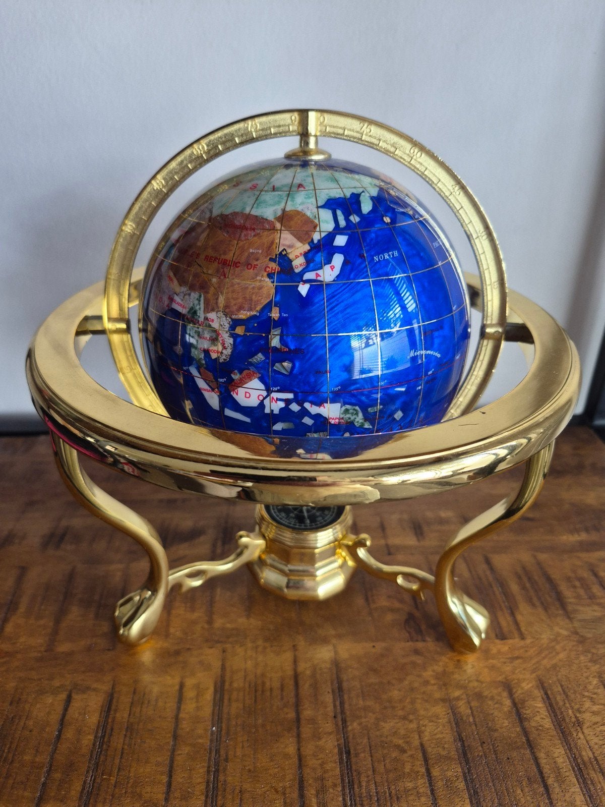 Unique Art Wereldbol Lapis Lazuli Edelsteen met Kompas, Huis en Inrichting, Woonaccessoires | Wereldbollen, Gebruikt, Overige typen