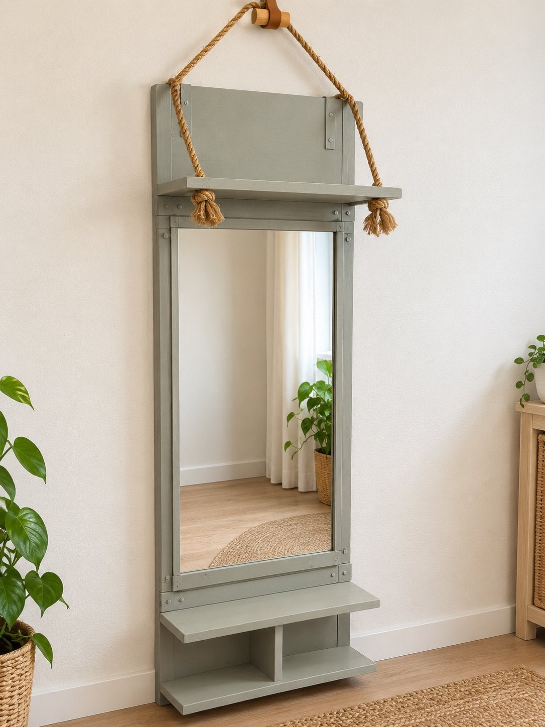 Unieke spiegel met planken en touwophanging, Ophalen, Minder dan 50 cm, Gebruikt, 100 tot 150 cm