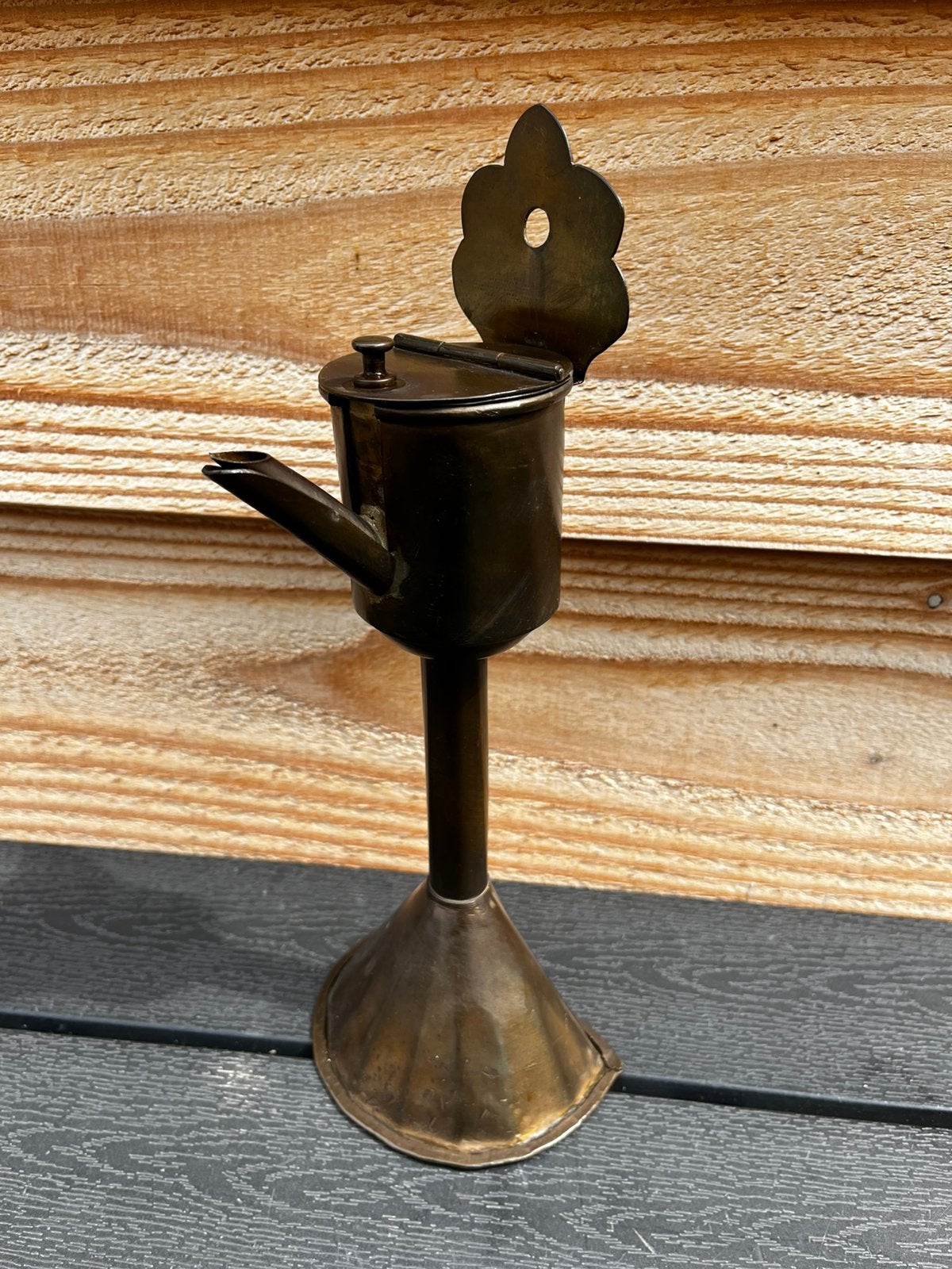 Antiek vintage snotneus olielamp, hoogte 31cm koper of brons, Ophalen of Verzenden, Koper of Brons