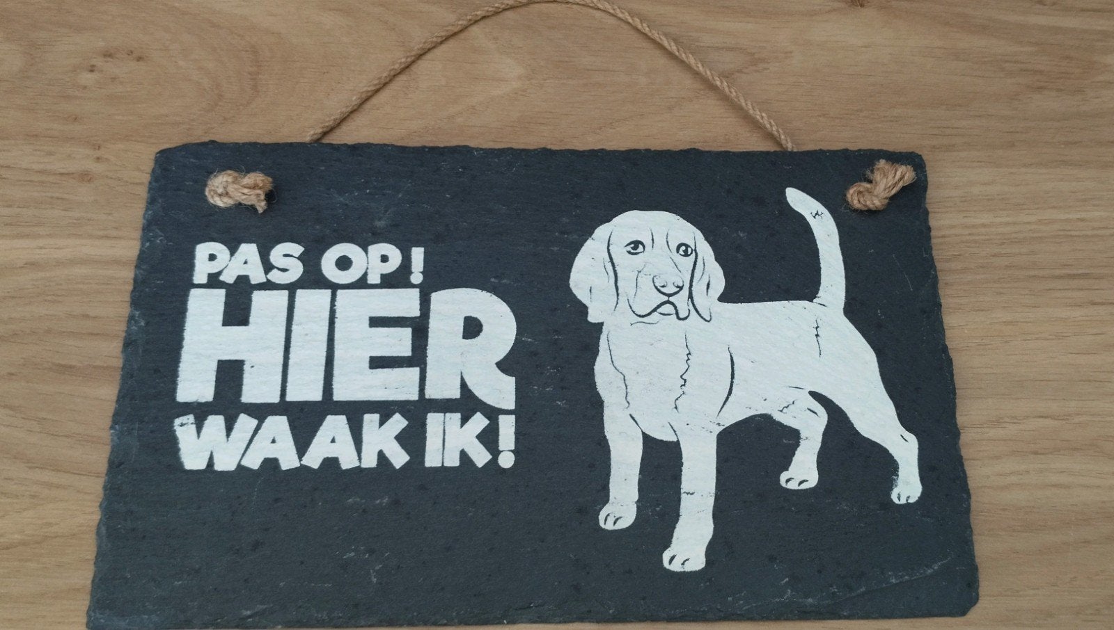 Leisteen bord 'Pas op! Hier waak ik!' met Beagle, Verzenden, Nieuw