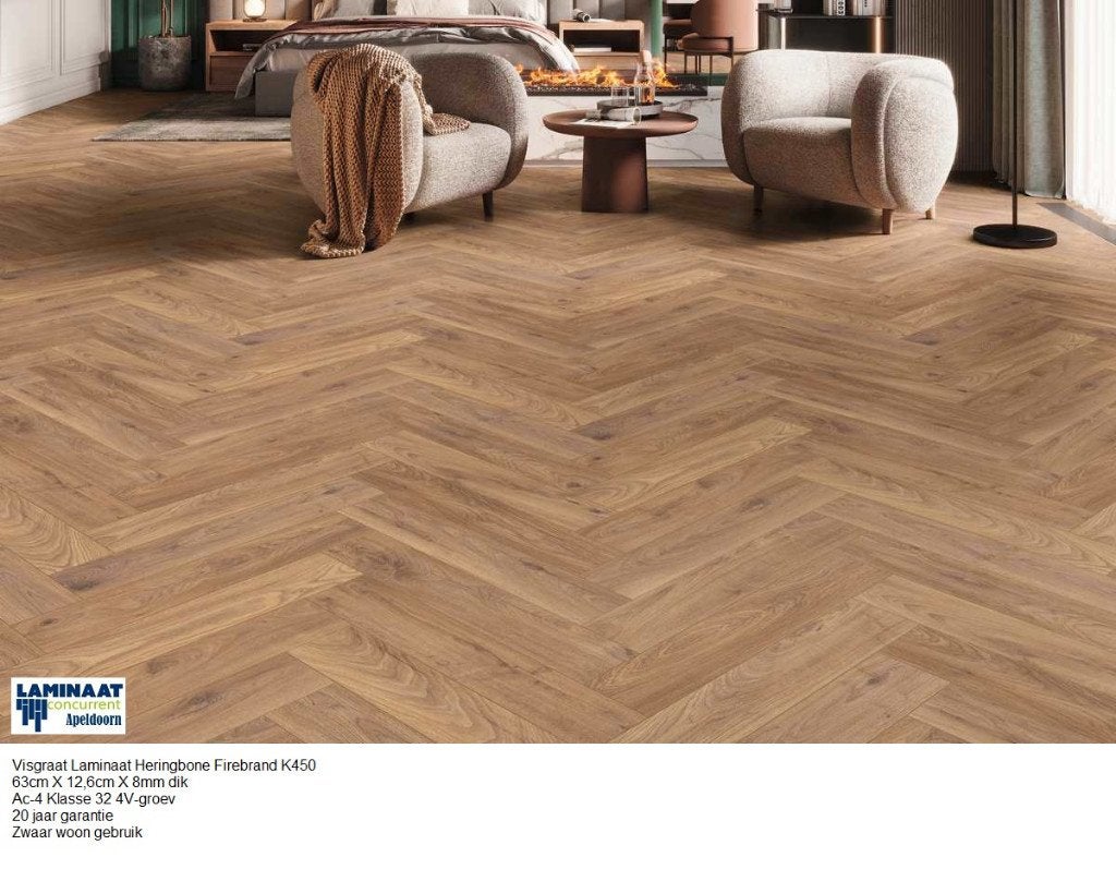 26,97m2 Visgraat Waterbestendig Laminaat Firebrand Oak =€335, Bruin, Waterbestendig visgraat laminaat natuur eiken, Nieuw, Ophalen of Verzenden