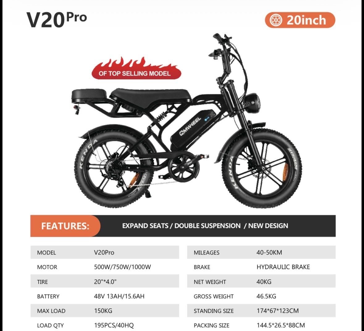V20Pro E-bike met dubbele vering en 40-50km bereik, Ophalen of Verzenden, Nieuw, Overige merken
