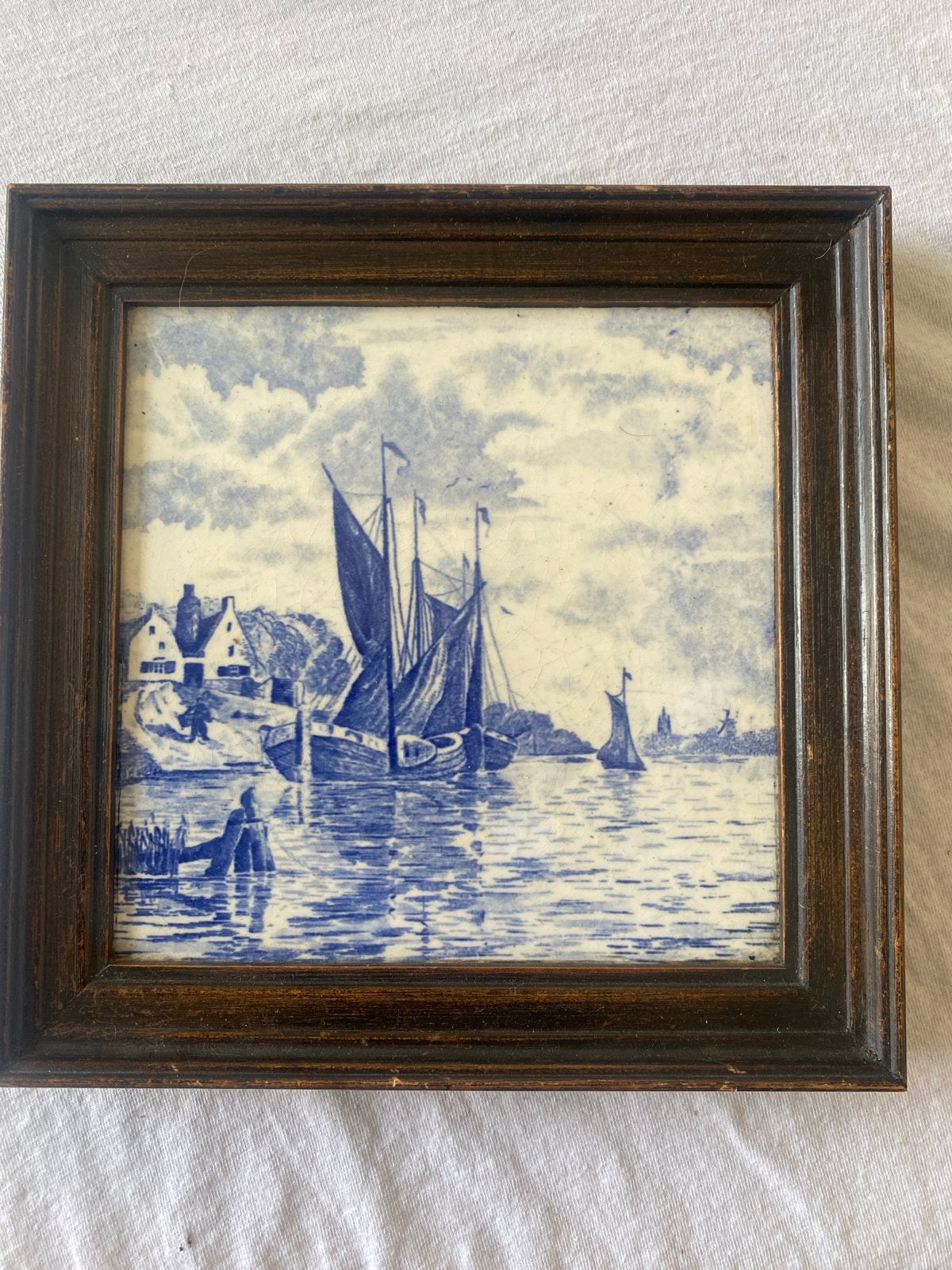 Delfts Blauw Tegeltableau met Schepen in Houten Lijst, Antiek en Kunst, Antiek | Wandborden en Tegels, Ophalen of Verzenden