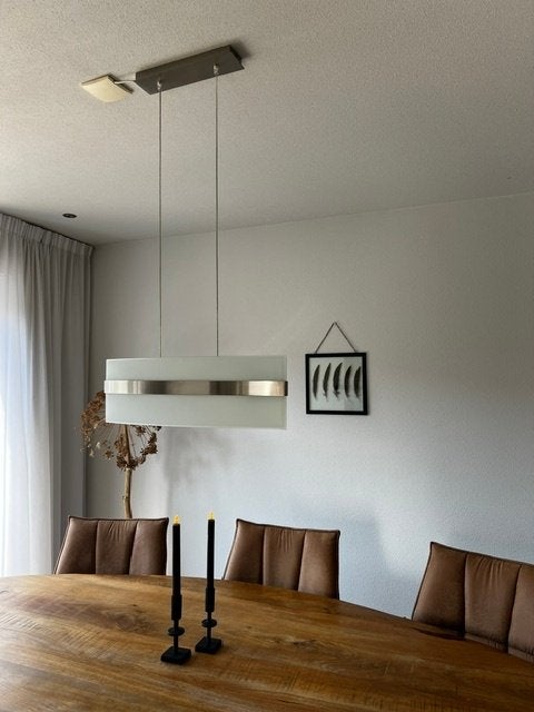 Design lamp RVS met melkglas, Ophalen, Gebruikt, E27 (groot), Glas