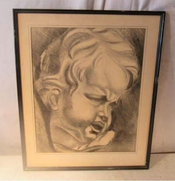 Mooi Oude Tekening 'Bolle Wangen' - 51x41, Ophalen of Verzenden, Tekening, Ingelijst