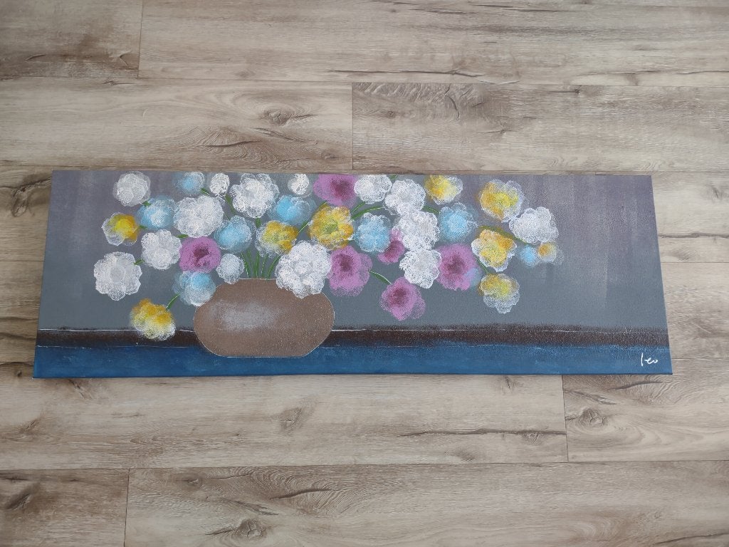 Prachtig groot blauw canvas schilderij met bloemen IKEA., Onb, Ophalen of Verzenden, Schilderij, Onb