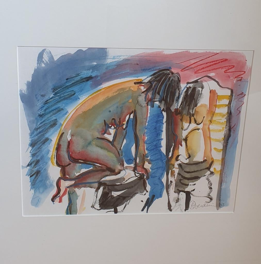 Aquarel vrouw en spiegel, Antiek en Kunst, Kunst | Schilderijen | Modern, Ophalen