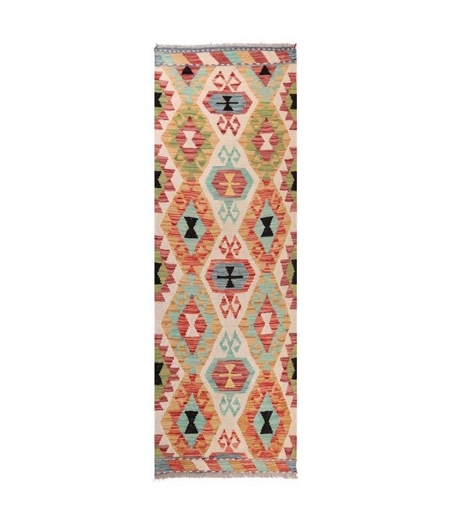 Handgeweven Kelim Runner Wollen Vloerkleed 202x71 cm, Beige, Rechthoekig, Nieuw, 200 cm of meer