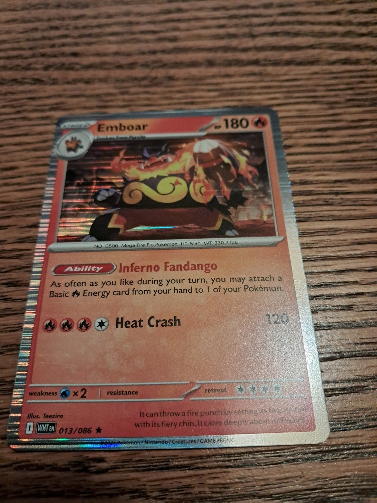 Pokémon Kaart: Emboar 013/086 WHT EN - Zeldzaam!, Ophalen of Verzenden, Zo goed als nieuw, Losse kaart