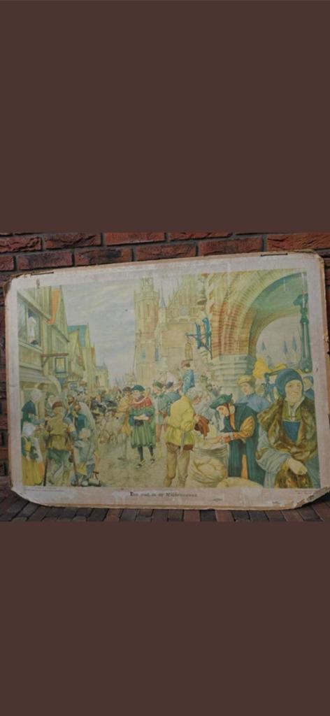 Originele grote antieke schoolplaat De middeleeuwen €8, Antiek en Kunst, Antiek | Schoolplaten, Ophalen of Verzenden, Geschiedenis