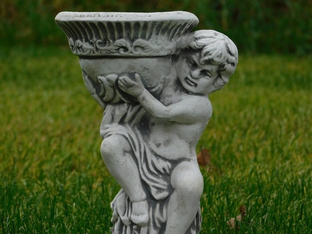 Paar Engel Beelden met Pot - 2 Stuks - Steen, Ophalen, Steen, Engelenbeeld, .
