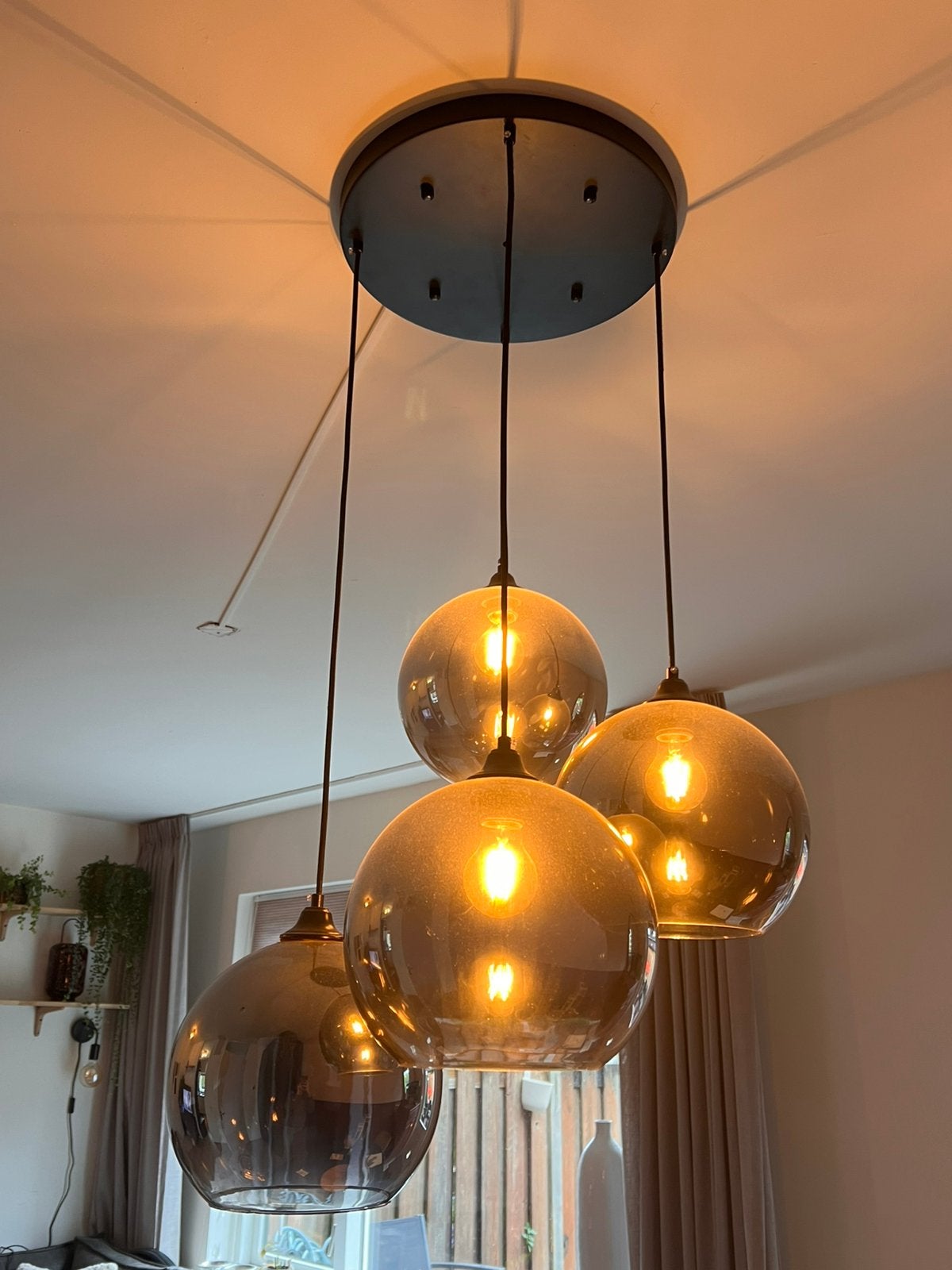 Hanglamp rookglas 4 bollen, Huis en Inrichting, Ophalen, Gebruikt, Glas, Hotel chique