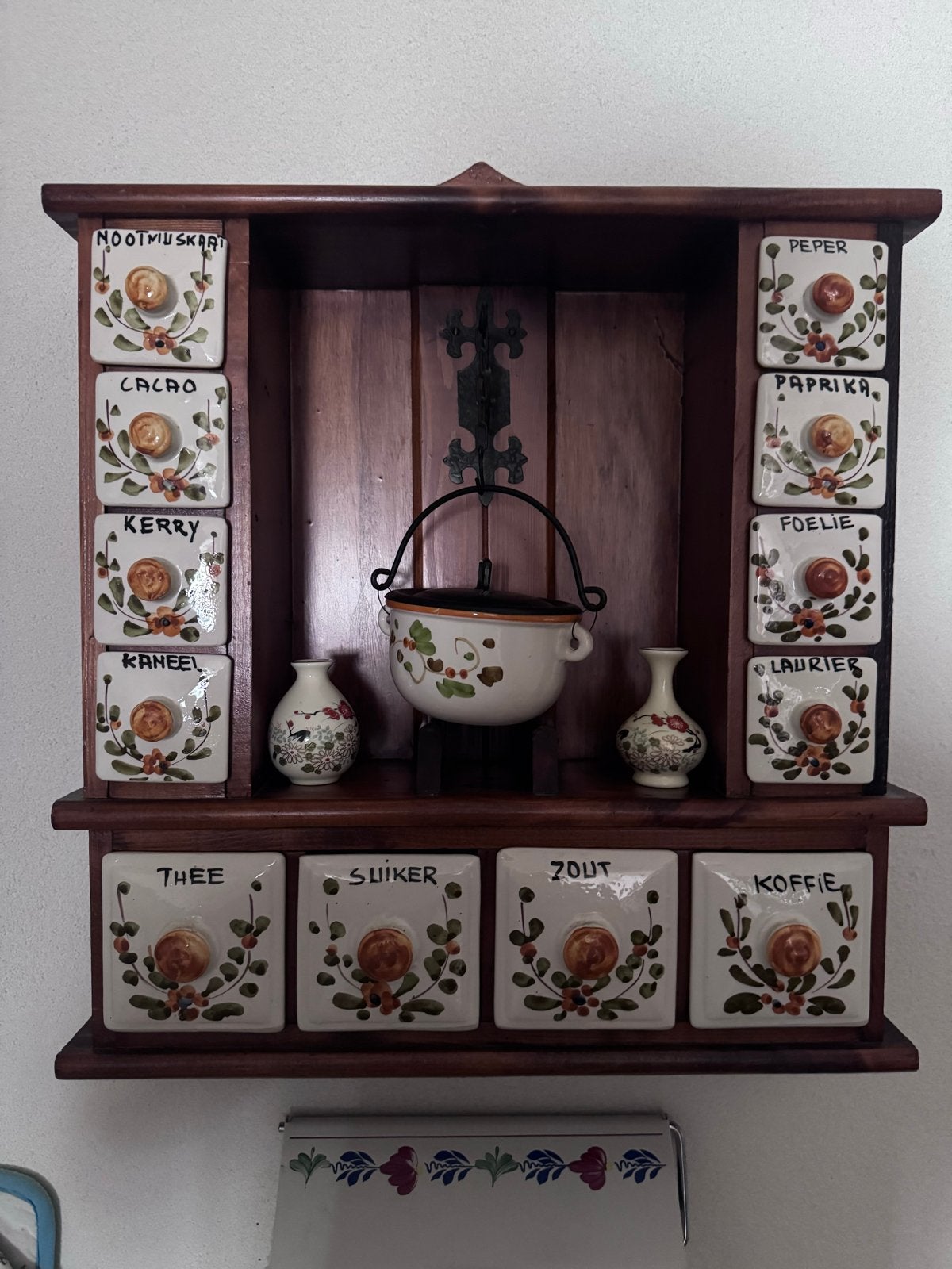 Vintage kruidenrek met keramische potjes, Ophalen of Verzenden