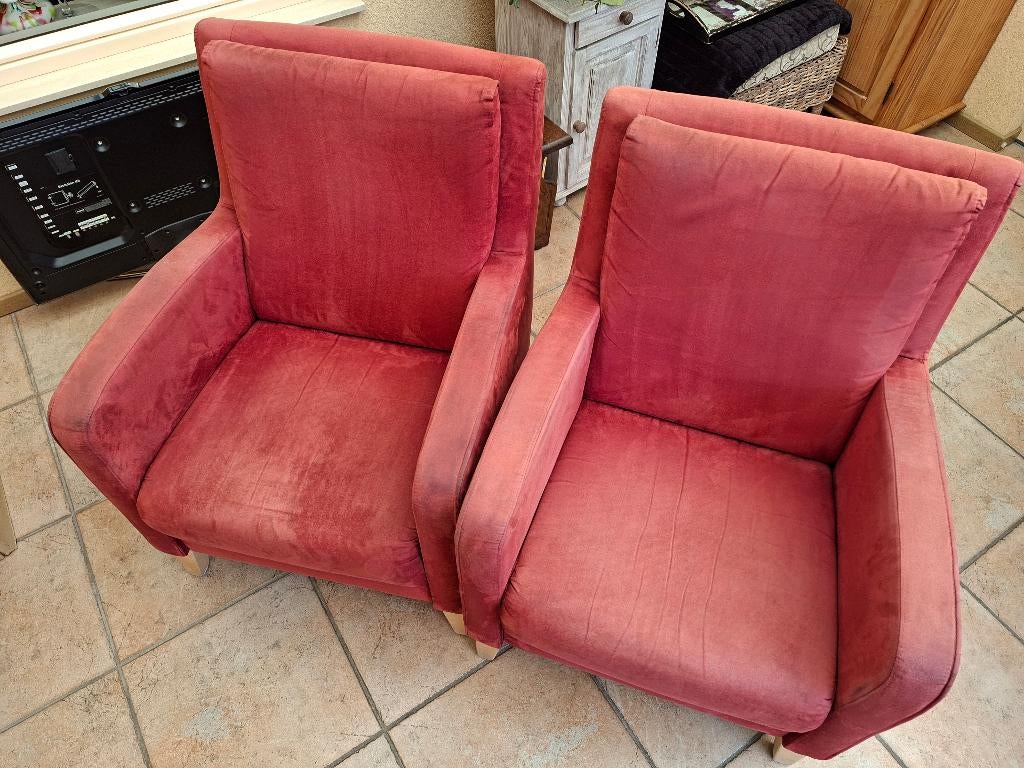 Twee fauteuils Alcamara de Luxe, wijnrood, Huis en Inrichting, Fauteuils, Ophalen, Gebruikt, 75 tot 100 cm, Stof