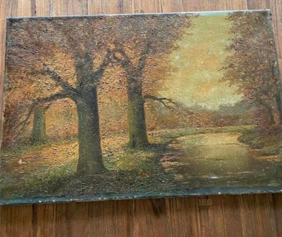 Oud olieverfschilderij: Herfstlandschap met bomen en water, Doek, Ophalen of Verzenden, Olieverf, Klassiek