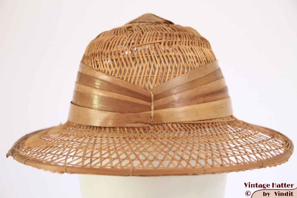 Vintage Open safari hoed stro en hout 55 - 56 unisex, Ophalen of Verzenden, Gebruikt, Handschoenen, Hoed of Pet
