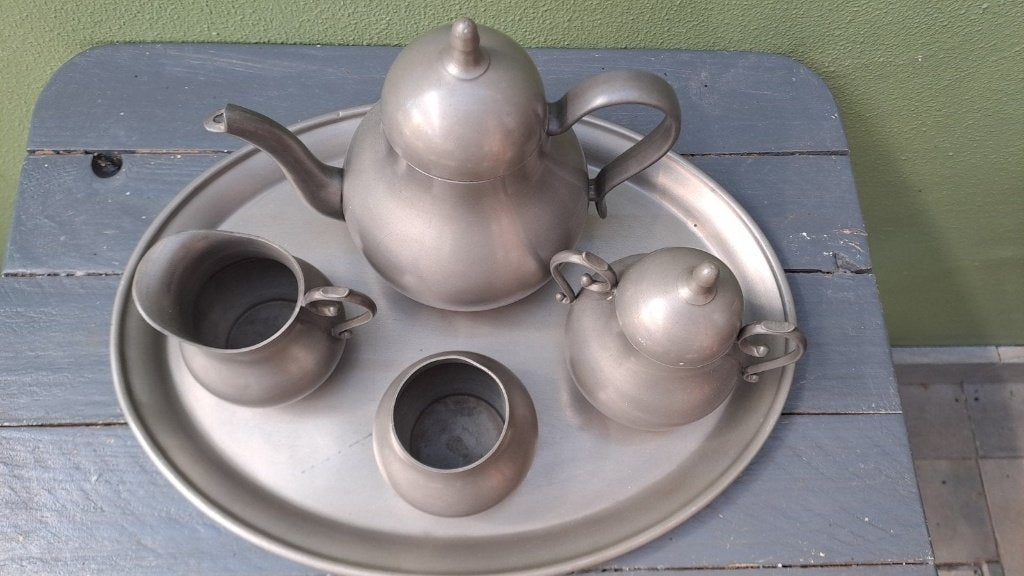 Prachtig 5-delig Vintage Tinnen Theeservies – G. Kurz Tiel, Antiek en Kunst, Ophalen of Verzenden