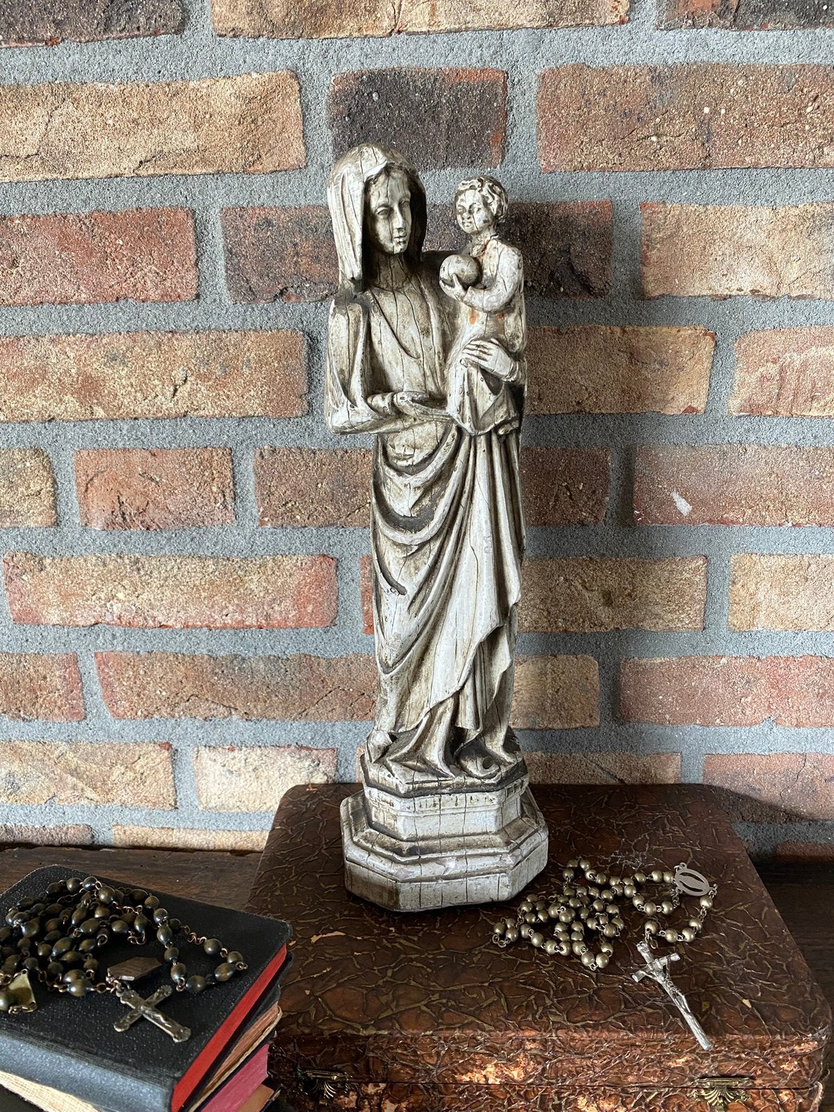 Vintage gips beeld, Madonna met kindje Jezus, Antiek en Kunst, Ophalen of Verzenden