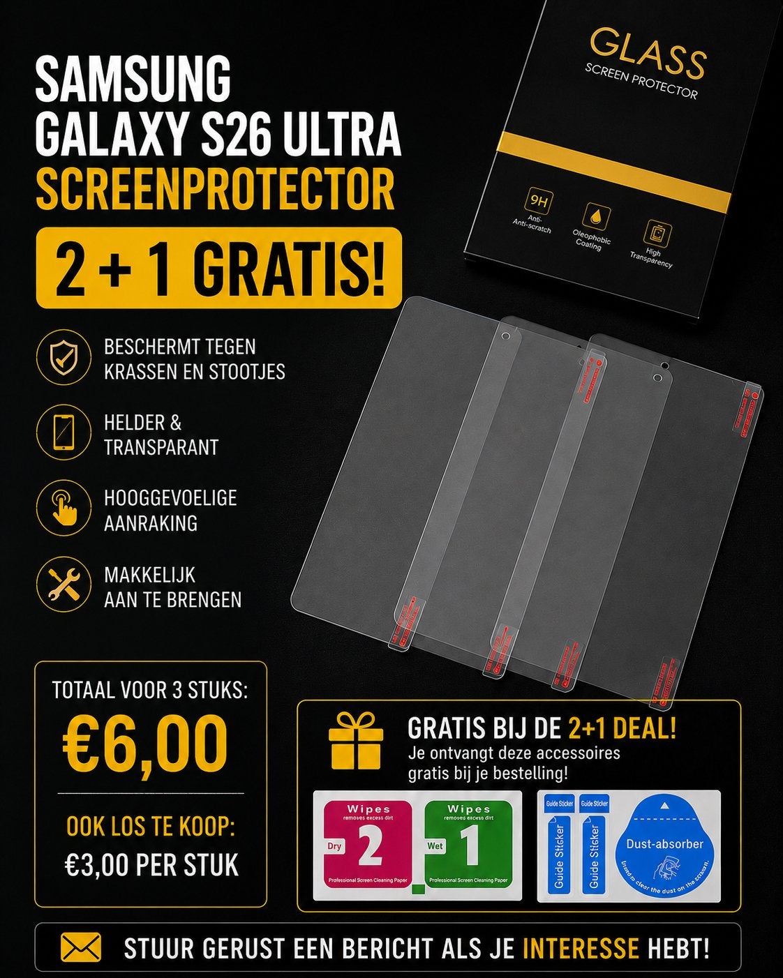 Samsung Galaxy S26 Ultra Screenprotector 2+1 GRATIS!, Ophalen, Nieuw, Bescherming, Samsung