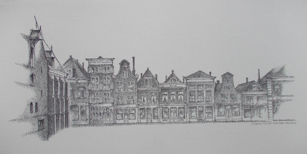 Tekening Kaasmarkt Alkmaar (gesigneerd Bob Denneboom), Antiek en Kunst, Ophalen of Verzenden