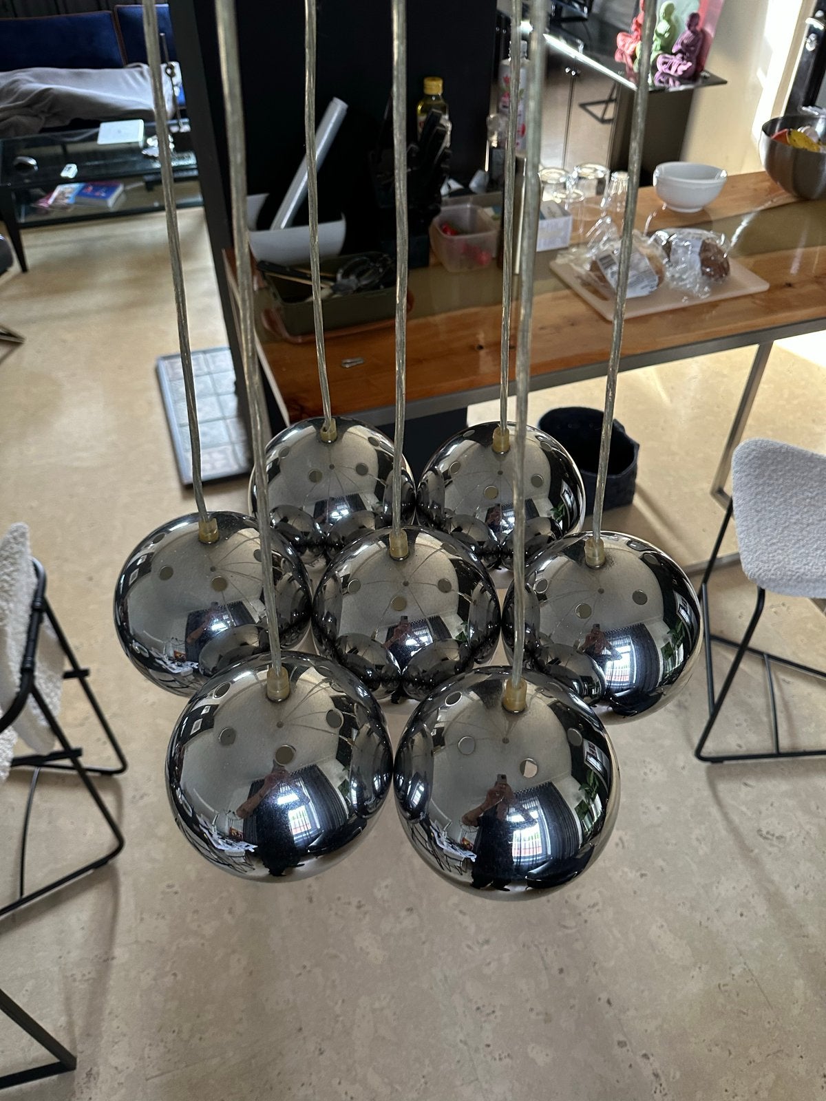 Chrome hanglamp met 7 bollen - 134 cm hoog, Ophalen of Verzenden, Gebruikt, Metaal