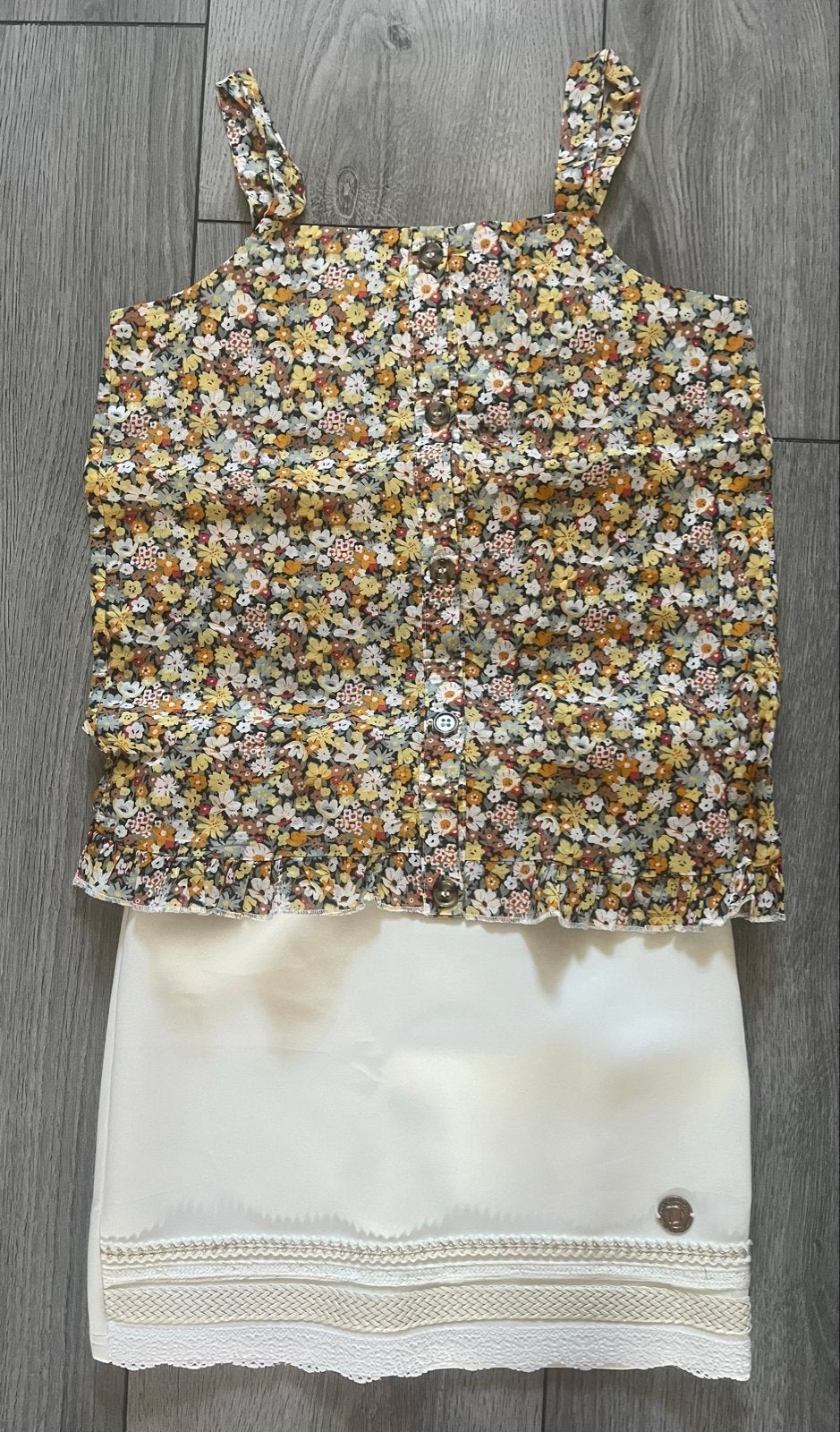 Zomerse set: Top met bloemenprint & witte rok (maat 152), Ophalen of Verzenden, Gebruikt, Meisje, Setje